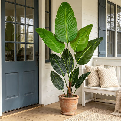 Simulazione di piante artificiali all'ingrosso Banano del viaggiatore con corteccia di fibra di palma naturale | Vegetazione tropicale finta diretta in fabbrica per il paesaggio commerciale